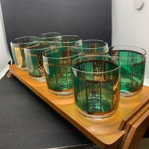 8 mid century low ball green and gold glasses with wooden glass caddy